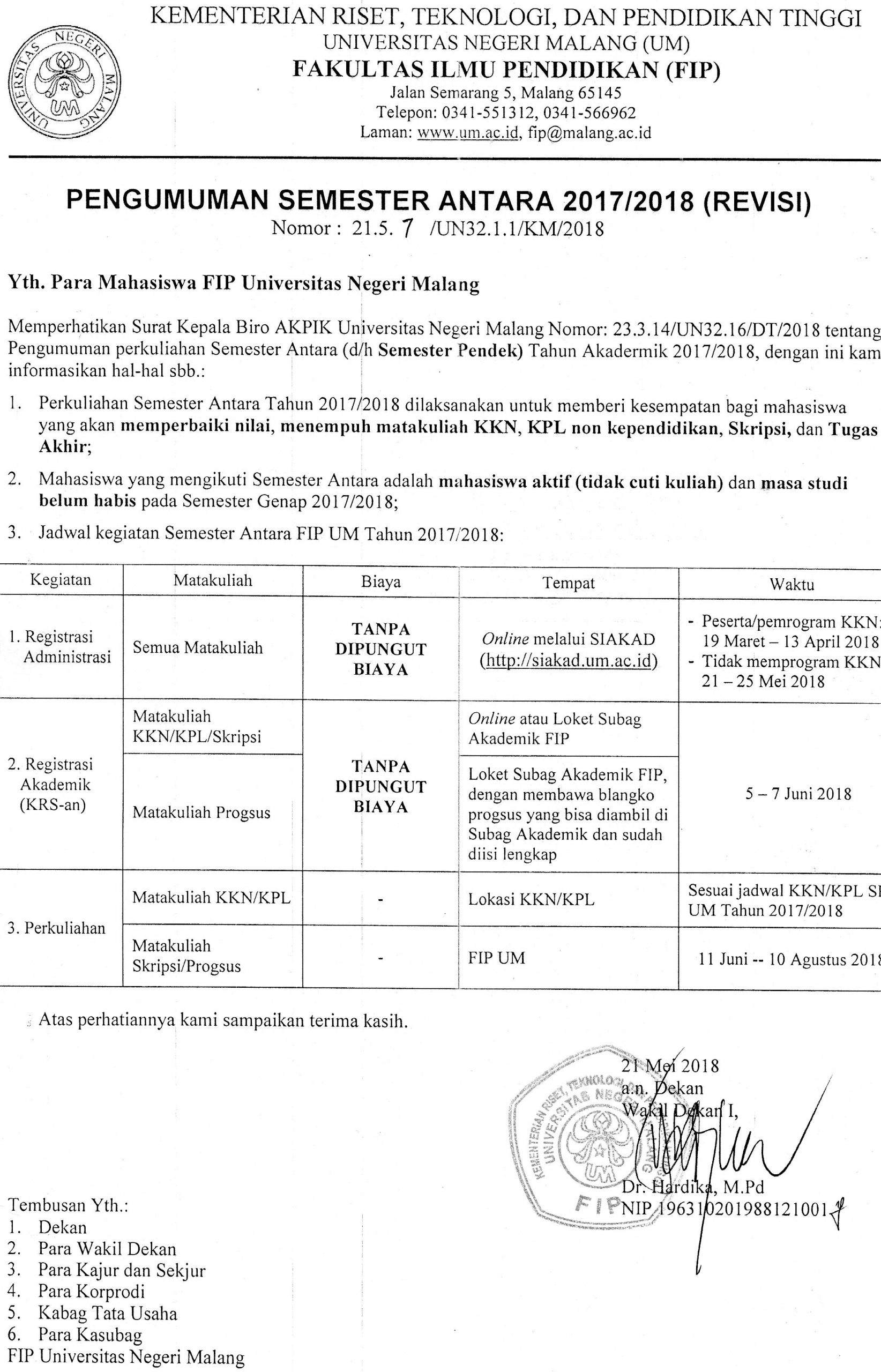 PENGUMUMAN SEMESTER ANTARA 2017/2018 (REVISI)