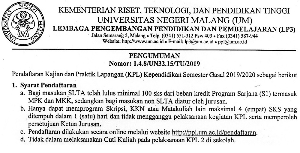 Pengumuman Pendaftaran KPL Kependidikan Semester Gasal 2019/2020