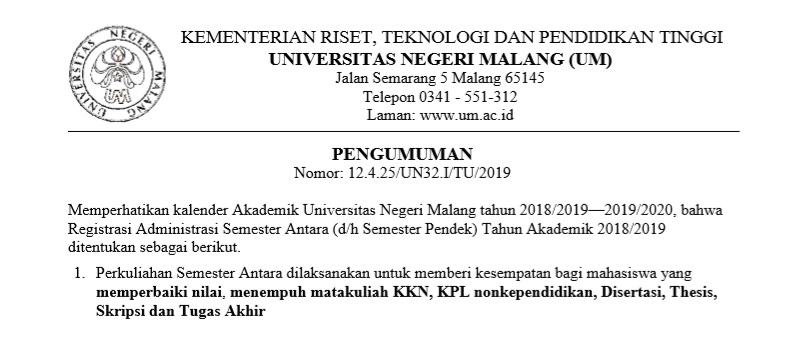 Registrasi Administrasi Semester Antara (d/h Semester Pendek) Tahun Akademik 2018/2019