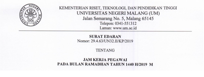 Edaran Jam Kerja Pegawai Pada Bulan Ramadhan 1440 H 2019 M